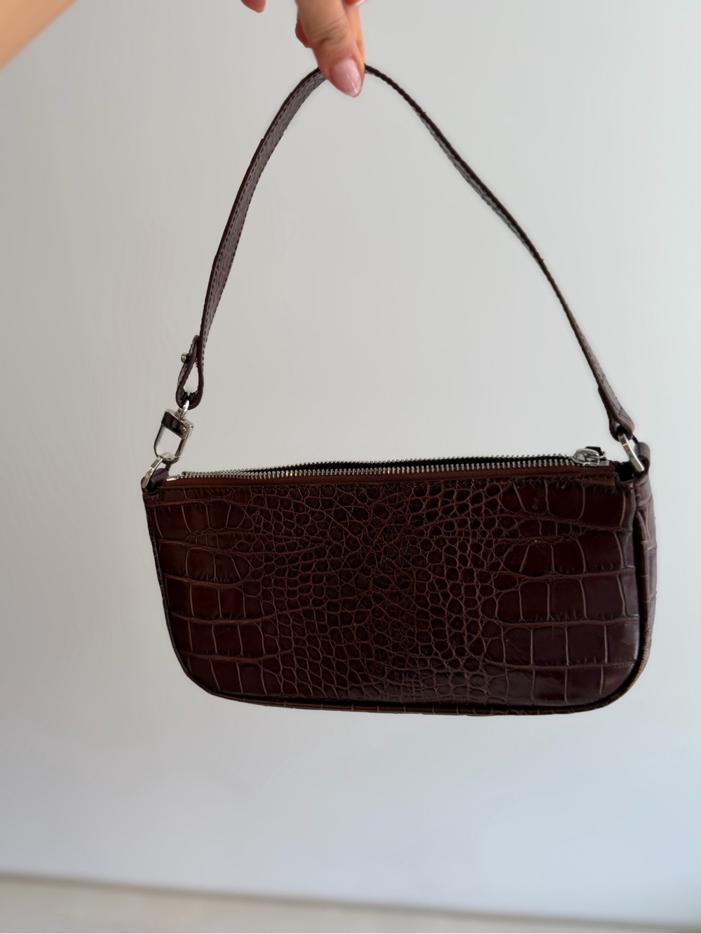 By Far Rachel Dark Brown Croc-Embossed Shoulder Bag